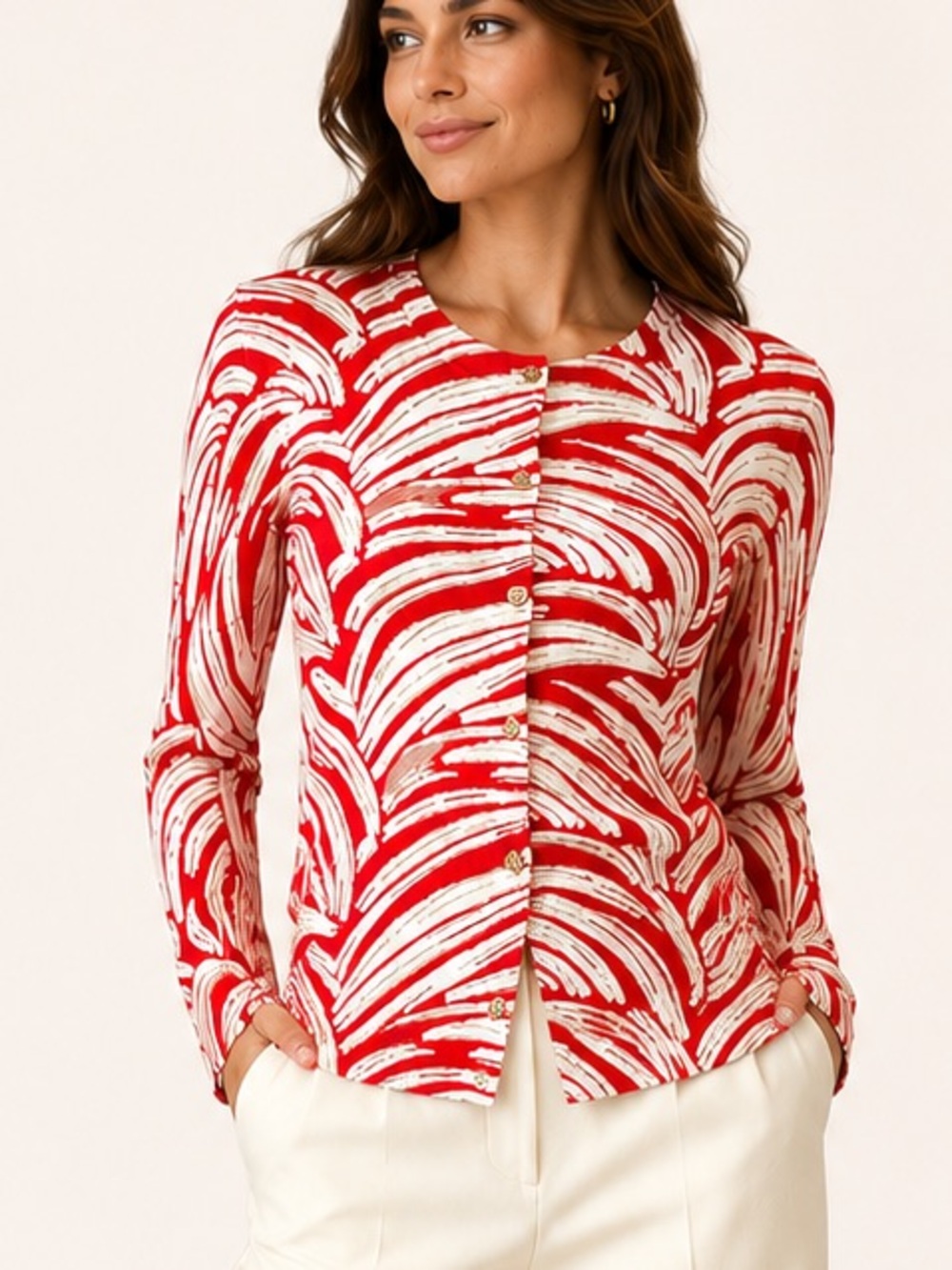 J.Crew Red White Gold Merino Wool Cardigan XS Abstract Print Sweater